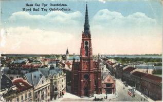 1926 Újvidék, Novi Sad; Trg Oslobodjenja / tér, templom, villamos / square, church, tram (r)