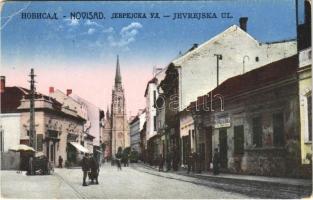 1929 Újvidék, Novi Sad; Jevrejska ulica / Zsidó utca, villamos, üzletek / Jewish Street, shops, tram (EK)