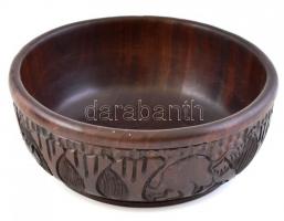 Esztergált fa tál, palástján stilizált, figurális faragás (elefánt, zsiráf, orrszarvú) d:19cm
