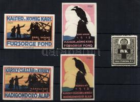 1918 IV. Károly Hadigondozás, 2 klf levélzáró két nyelven + gyászbélyeg (összesen 5 db)