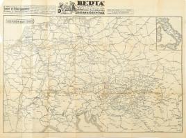Közép-Európa vasúti térképe, szakadásokkal, reklámokkal, 52×69 cm