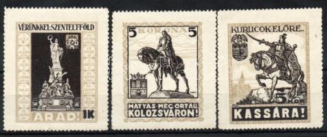 1921 Arad, Kolozsvár, Kurucok előre Kassára 3 db irredenta levélzáró