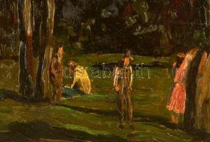 Perlmutter Izsáknak tulajdonítva: Piknikezők az erdőben. Olaj, karton, jelzett, 46×35 cm keretben, h...