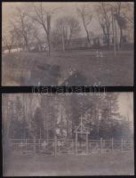 cca 1914-1918 Ukrajna, katonai temető, rommá lőtt épületek, 2 db hátoldalon feliratozott fotólap, 8,5×13,5 cm
