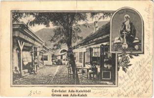 1905 Ada Kaleh, utca, török üzlet, bazár, Bego Mustafa / street view, Turkish bazaar, shop. Floral (fa)