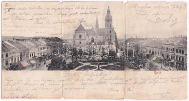 1901 Kassa, Kosice; székesegyház, üzletek. Eschwig Ede F. kiadása. Hajts Kornél felvétele. 3-részes kihajtható panorámalap / cathedral, shops. 3-tiled folding panoramacard (b)