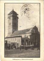 1928 Rozsnyó, Roznava; Diáktemplom a Rákóczi őrtoronnyal. A Rozsnyói Öregdiákok Szövetségének meghívója a hátoldalon / church, watchtower. Invitation on the backside (gyűrődés / crease)