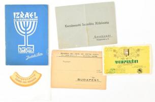 5 darabos judaika tétel: kosher italcímkék, kecsekméti izr. hitközség boríték budapesti orth. chevra kadisha levelezőlap használatlan, izraeli utikönyv