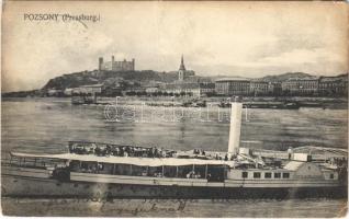 1912 Pozsony, Pressburg, Bratislava; vár, HILDEGARDE gőzhajó. Kaufmann kiadása / castle, steamship (fa)