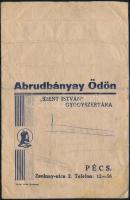 cca 1930 Pécs, Abrudbányai Ödön Szent István gyógyszertára gyógyszeres papírzacskó 18x11 cm