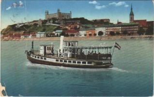 1916 Pozsony, Pressburg, Bratislava; vár, &quot;ORSZÁGHÁZ&quot; gőzhajó / castle, steamship (fa)