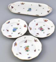 Herendi Viktória mintás porcelán 3db sütis tányér (1941) d:18,5cm, 1 db szendvicses tál, 36x15cm. Jelzett, kopott.