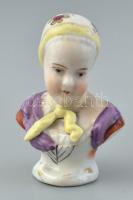 2 db antik figura, kézzel festett porcelán, egyik jelzett, kopott, sérült, restaurált, m: 6 és 17 cm