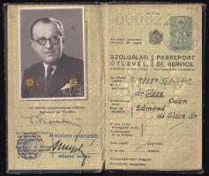 1942 Magyar Királyság által kiállított, fényképes szolgálati útlevél dr. Glósz Ödön részére, számos vízummal