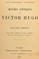 Oeuvre Poétiques de Victor Hugo. Petite Bibliotheque Charpentier. Paris, 1890, Bibliotheque Charpentier. 1 t + 3+456 p. Korabeli, bordázott gerincű, aranyozott egészbőr-kötés, aranyozott lapélekkel, kopott, kissé sérült borítóval és gerinccel, szakadt elülső szennylappal, a borító részben elvált a kötéstől.