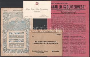 cca 1910-1930 Vegyes nyomtatvány tétel szőlészet, borászat témában, 4 db
