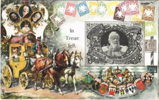 1821-1911 In Treue fest. Heil dem Regenten zum 90. Geburtstage. Luitpold von Bayern / 90th Birthday of Luitpold, Prince Regent of Bavaria, German stamps, coats of arms