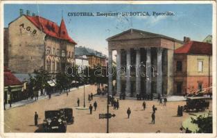 Szabadka, Subotica; Pozoriste / Színház, automobil, autóbusz, üzletek / theatre, automobile, autobus, shops + "1941 Szabadka visszatért" So. Stpl. (gyűrődés / crease)