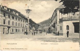 Herkulesfürdő, Baile Herculane; utca, Nándor udvar, Sarolta fürdő, gyógyszertár. R. Krizsány kiadása / street view, shops, spa, pharmacy (non PC) (vágott / cut)