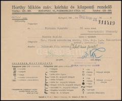 1942 Bp., Horthy Miklós MÁV Kórház és központi rendelő kétoldalas kórlap tbc-s betegről
