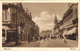 1937 Kaposvár, Fő utca, Kaposvári Bank, Nagy Teréz üzlete, automobil, kerékpár