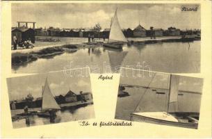 1943 Agárd (Gárdony), Velencei-tó, Strand, fürdő részletek, vitorlás (EK)