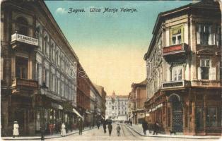 1915 Zágráb, Zagreb; Ulica Marije Valerije / street view, shops, bank (kopott sarkak / worn corners)