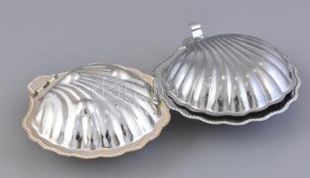 Kagyló formájú fém kaviártartó, 2 db, kis kopásnyomokkal, 12,5x12,5x5 cm