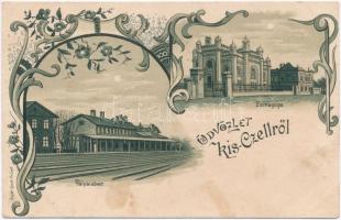 Kiscell, Zsinagóga és vasútállomás, kiadja Gayer Gyula, Art Nouveau litho (EB)