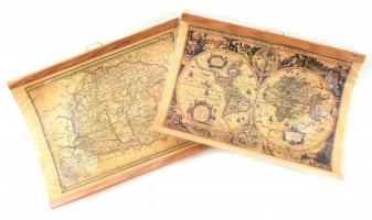 Régi Nagy-Magyarország térkép és világtérkép reprintje, 2 db, merített papíron, fóliában, újszerű állapotban, 40x30 cm