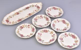 Zsolnay pillangómintás szendvicses készlet, 6 személyes, tálca + 6 db tányér. Kézzel festett, jelzett, kis kopásnyomokkal, 44x16,5 cm, d: 16,5 cm