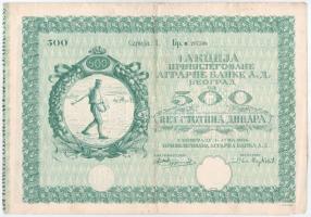 Szerbia 1931. Mezőgazdasági Bank részvénye 500D-ról szárazpecséttel, szelvényekkel T:II- Serbia 1931. Agricultural Bank chare about 500 Dinara, with embossed stamp and share C:VF