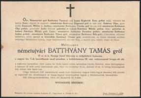 1915 Németújvári Batthyány Tamás gróf magyar kir. 7. ezred századosa halálozási értesítő