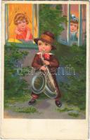 Children art postcard, saxophone (EK)