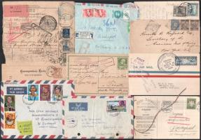 13 db külföldi küldemény, közte légiposta, díjjegyes, csomagszállító