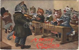 Macska énekóra / A merry Christmas. Cats singing lesson. Raphael Tuck & Sons Oilette Postcard 9797. A Mewsical Party s: Arthur Thiele (EB)