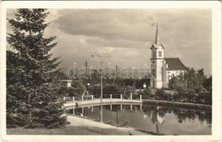 1950 Újtátrafüred, Neu-Schmecks, Novy Smokovec (Tátra, Magas-Tátra, Vysoké Tatry); híd, templom / bridge, church (fl)