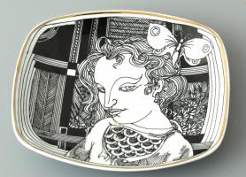 Hollóházi Szász Endre által tervezett mintával díszített porcelán tálka. matricás, jelzett, hibátlan 14x12 cm