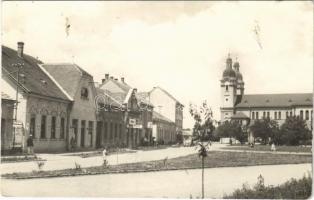 1954 Nagysurány, Surany; utca, üzletek, templom / street view, shops, church (b)