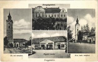 1938 Nagykálló, református és római katolikus templom, elmegyógyintézet, Piac tér, autó, dohány nagyáruda üzlete