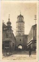 1929 Trencsén, Trencín; Torony utca, Weisz, Ferdinand Rybnicek üzlete / street view, tower, shops. Foto Tatra (fl)