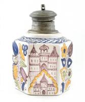 Habán múzeumi másolat edény fém rátéttel hajszál repedéssel d: 14 cm, m: 19 cm .