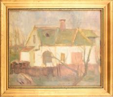 Schéner Mihály (1923-2009): Napsütötte ház, 1957. Tempera, karton, jelzett. Üvegezett, kissé sérült fa keretben. 50x60 cm