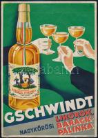 Gschwindt nagykőrösi likőrök kisplakát, Pál György (1906-1986) grafikája, restaurált, gyűrődésekkel, 24×17 cm