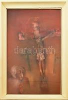 Várkonyi János (1947-): Golgota, 1983. Olaj, farost. Jelzett a hátoldalán. Üvegezett fa keretben, 60×34,5 cm