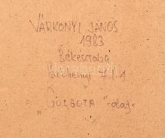 Várkonyi János (1947-): Golgota, 1983. Olaj, farost. Jelzett a hátoldalán. Üvegezett fa keretben, 60...