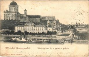 1902 Esztergom, Vártemplom és a prímási palota, Bazilika, BUDAPEST gőzhajó. Stromf Ignác kiadása (b)