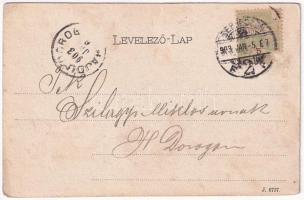 1903 Debrecen, Rózsa utca, Városi bérházak, piac. Komáromi J. felvétele és kiadása (szakadás / tear)