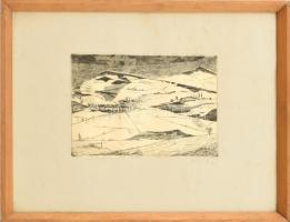 Kádár György (1912-2002): Táj. Rézkarc, papír, jelzett. Lap széle kissé foltos. Üvegezett fa keretben. 12,5×19,5 cm