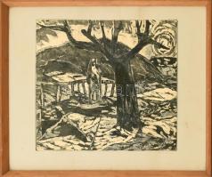 Kádár György (1912-2002): Táj alakkal. Rézkarc, papír, jelzett. Üvegezett fa keretben. 24,5×29,5 cm